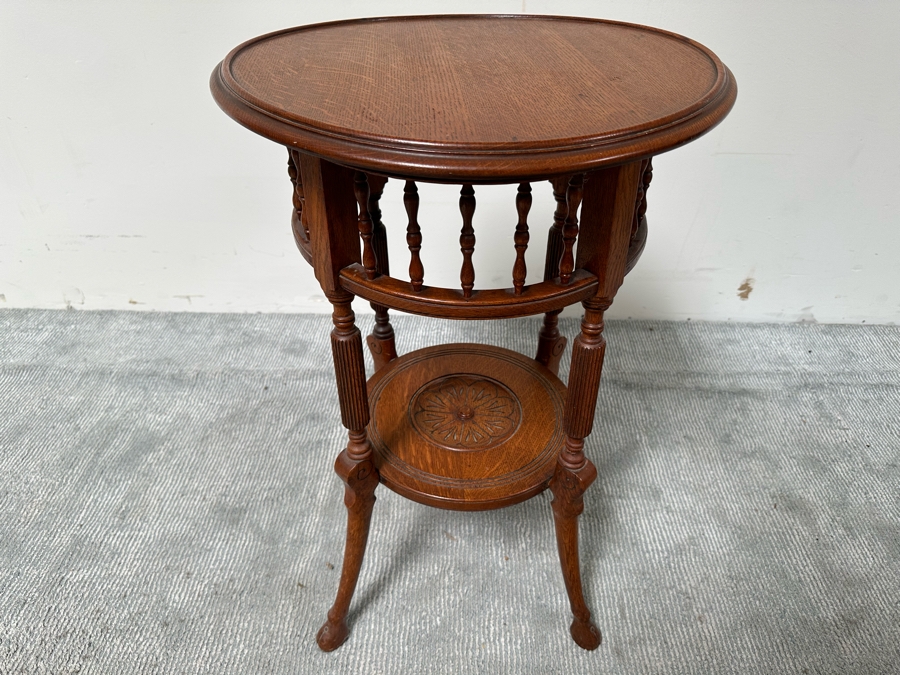 Vintage Carved Tiger Oak 2-Tier Round Side Table 20W X 30.5H [Photo 2]