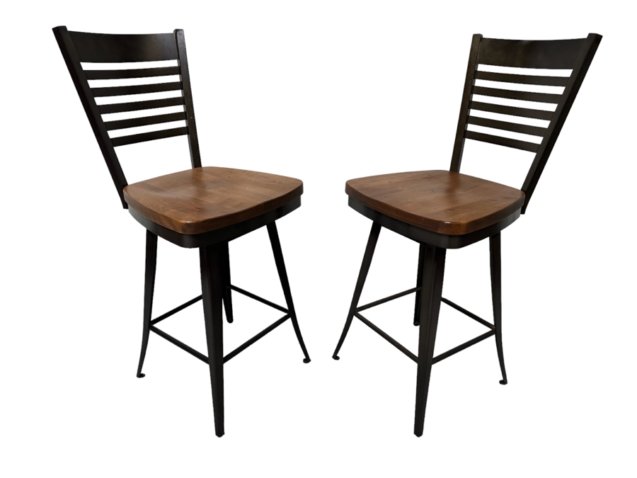 Pair Of Heavy Wooden And Metal Swivel Bar Stools 25' Seat Height By Amisco [Photo 1]