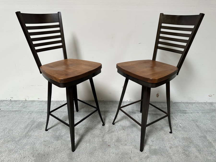 Pair Of Heavy Wooden And Metal Swivel Bar Stools 25' Seat Height By Amisco