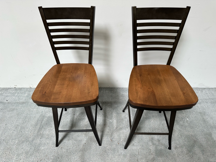 Pair Of Heavy Wooden And Metal Swivel Bar Stools 25' Seat Height By Amisco [Photo 4]