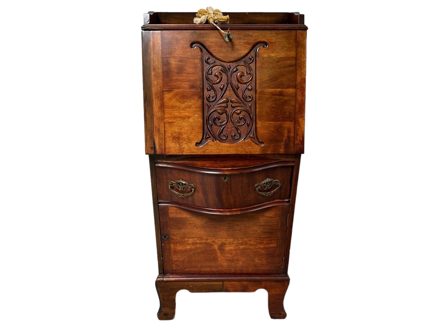 Antique Carved Wooden Small Secretary Desk  [Photo 1]