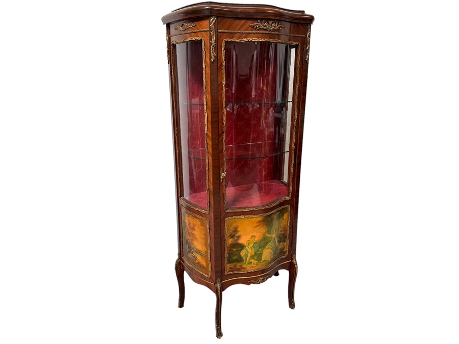 Vintage French Louis XV Style Hand Painted Vitrine Display Cabinet Made In Spain 27W X 12.5D X 59.5H