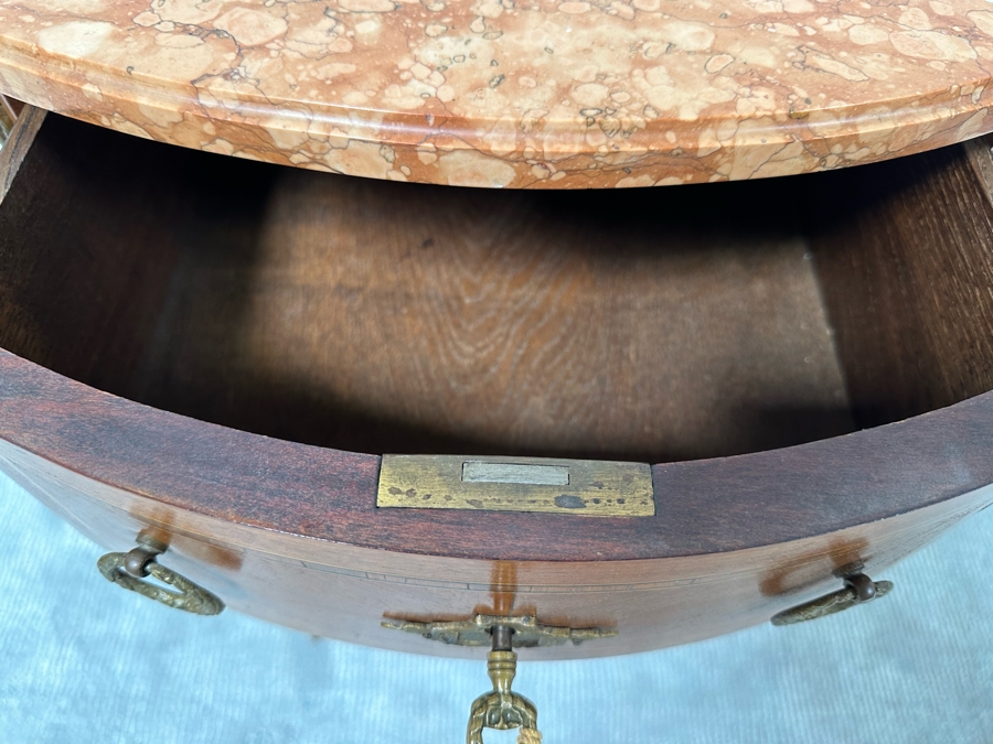 Antique French Louis XV Bombe Demilune Marquetry Commode Table With Marble Top 26.5W X 14D X 30H [Photo 6]