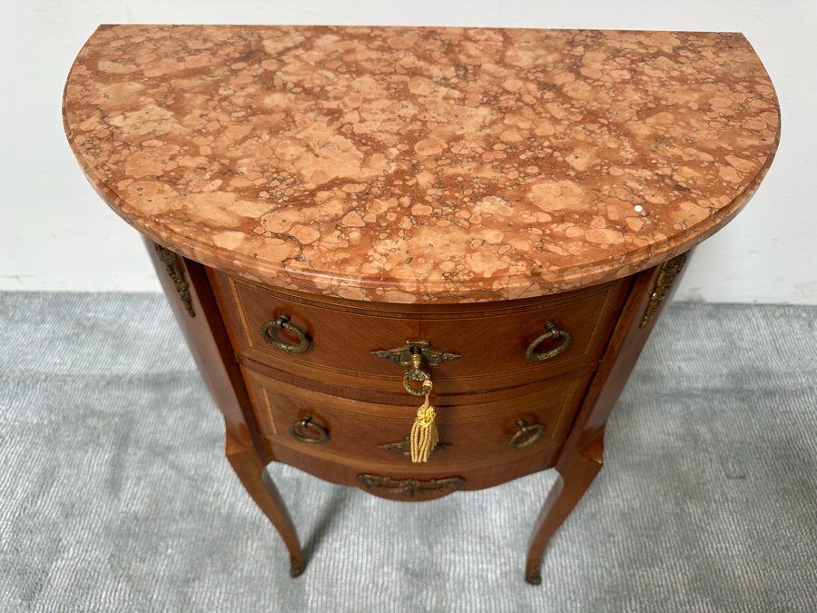 Antique French Louis XV Bombe Demilune Marquetry Commode Table With Marble Top 26.5W X 14D X 30H [Photo 4]