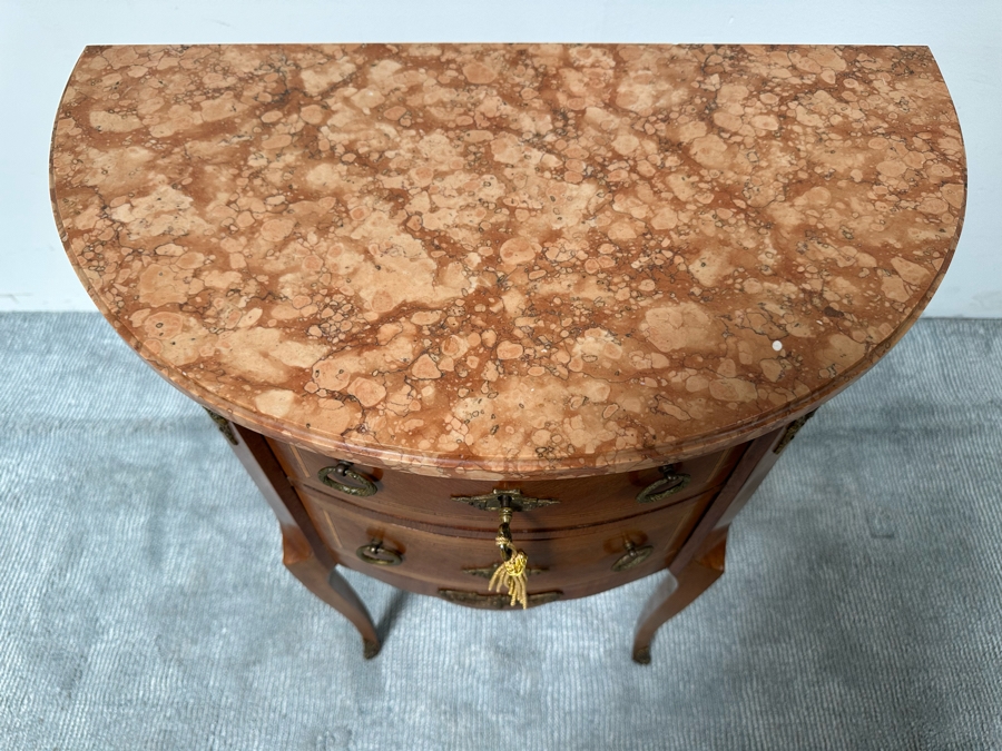 Antique French Louis XV Bombe Demilune Marquetry Commode Table With Marble Top 26.5W X 14D X 30H [Photo 8]