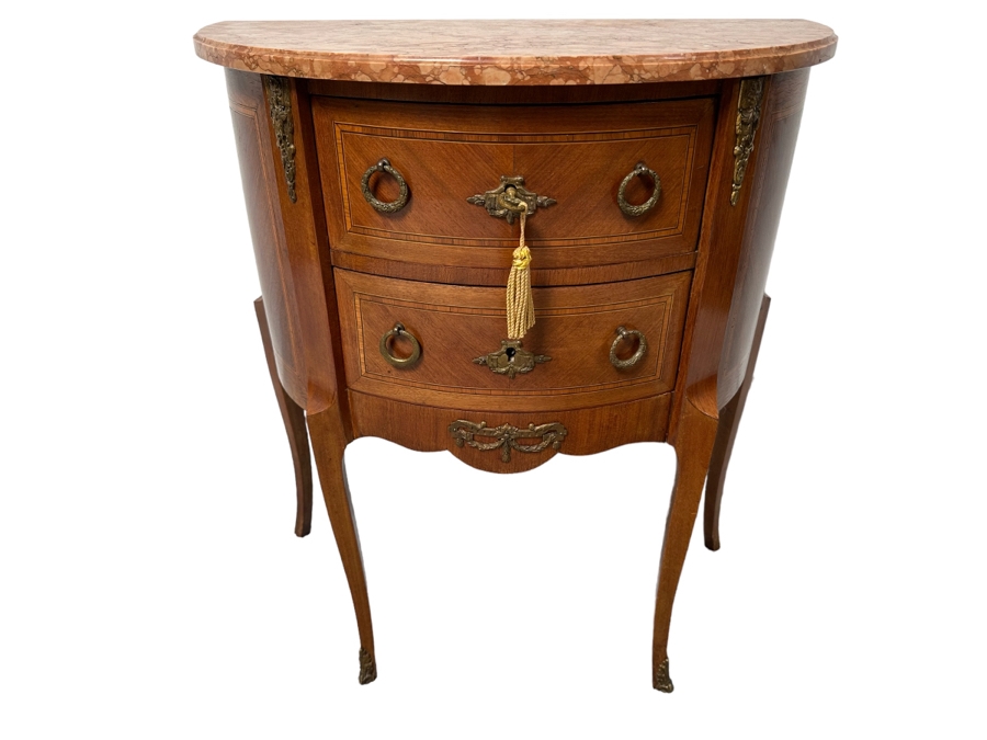 Antique French Louis XV Bombe Demilune Marquetry Commode Table With Marble Top 26.5W X 14D X 30H [Photo 1]