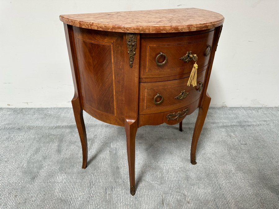Antique French Louis XV Bombe Demilune Marquetry Commode Table With Marble Top 26.5W X 14D X 30H [Photo 9]