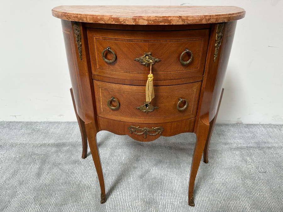 Antique French Louis XV Bombe Demilune Marquetry Commode Table With Marble Top 26.5W X 14D X 30H [Photo 3]
