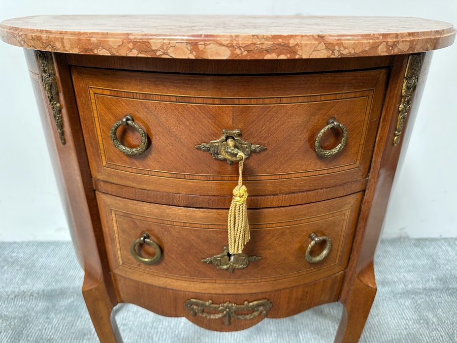 Antique French Louis XV Bombe Demilune Marquetry Commode Table With Marble Top 26.5W X 14D X 30H [Photo 5]