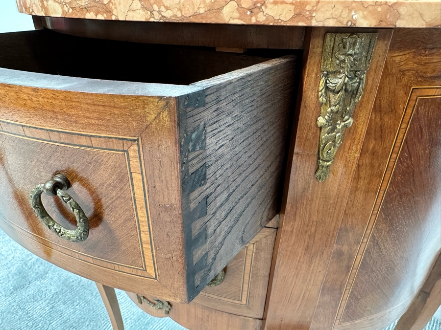 Antique French Louis XV Bombe Demilune Marquetry Commode Table With Marble Top 26.5W X 14D X 30H [Photo 7]