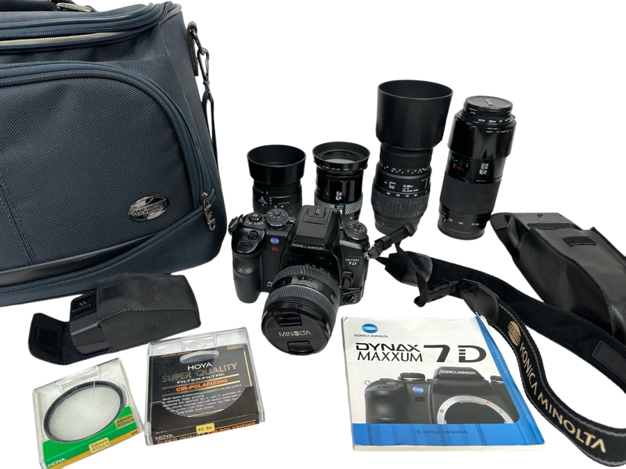 Konica Minolta Dynax Maxxum 7D Digital Camera With Five Lenses, Flashes, Accessories And Camera Bag