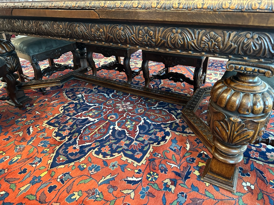 Antique Hand Carved Wooden Dining Table 43W X 75L X 31H With Built In Leaves 27.5L Each And Six Carved Chairs Bearing BC Monogram (One Of The Chairs Has Missing Piece In Need Of Minor Repair)  [Photo 17]