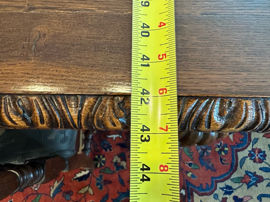 Antique Hand Carved Wooden Dining Table 43W X 75L X 31H With Built In Leaves 27.5L Each And Six Carved Chairs Bearing BC Monogram (One Of The Chairs Has Missing Piece In Need Of Minor Repair)  [Photo 13]