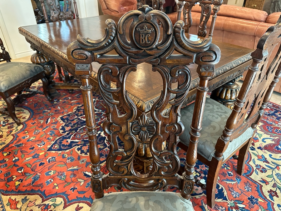 Antique Hand Carved Wooden Dining Table 43W X 75L X 31H With Built In Leaves 27.5L Each And Six Carved Chairs Bearing BC Monogram (One Of The Chairs Has Missing Piece In Need Of Minor Repair)  [Photo 21]