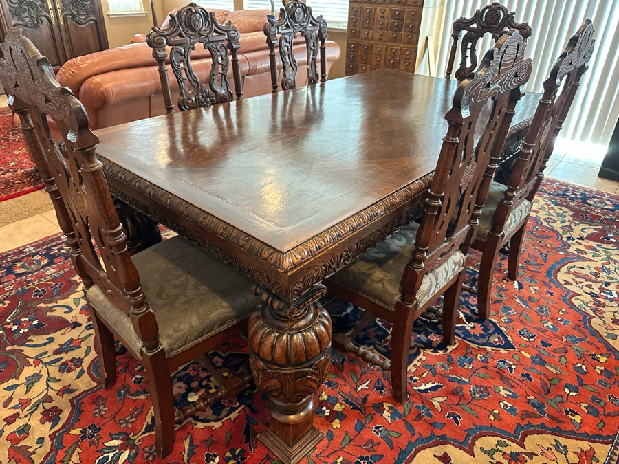 Antique Hand Carved Wooden Dining Table 43W X 75L X 31H With Built In Leaves 27.5L Each And Six Carved Chairs Bearing BC Monogram (One Of The Chairs Has Missing Piece In Need Of Minor Repair)  [Photo 7]