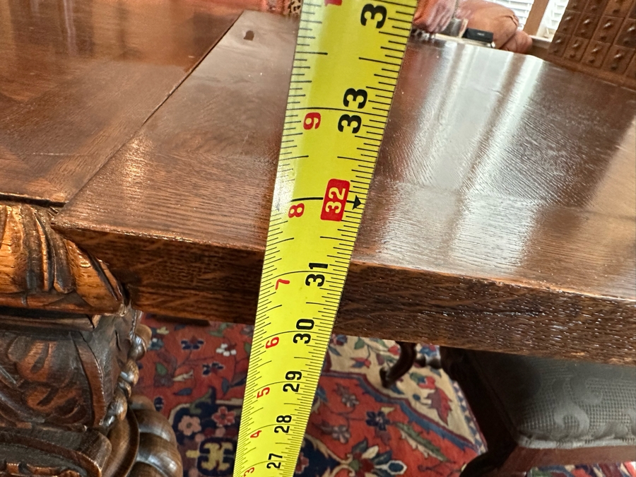 Antique Hand Carved Wooden Dining Table 43W X 75L X 31H With Built In Leaves 27.5L Each And Six Carved Chairs Bearing BC Monogram (One Of The Chairs Has Missing Piece In Need Of Minor Repair)  [Photo 16]