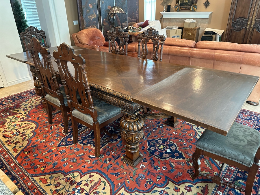 Antique Hand Carved Wooden Dining Table 43W X 75L X 31H With Built In Leaves 27.5L Each And Six Carved Chairs Bearing BC Monogram (One Of The Chairs Has Missing Piece In Need Of Minor Repair)  [Photo 12]