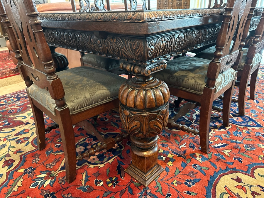 Antique Hand Carved Wooden Dining Table 43W X 75L X 31H With Built In Leaves 27.5L Each And Six Carved Chairs Bearing BC Monogram (One Of The Chairs Has Missing Piece In Need Of Minor Repair)  [Photo 9]