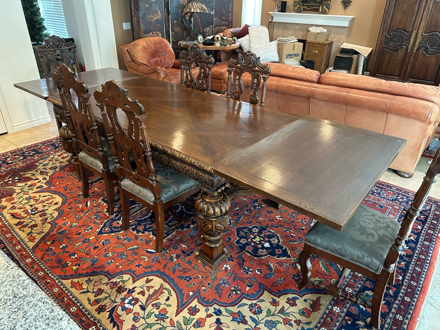 Antique Hand Carved Wooden Dining Table 43W X 75L X 31H With Built In Leaves 27.5L Each And Six Carved Chairs Bearing BC Monogram (One Of The Chairs Has Missing Piece In Need Of Minor Repair)  [Photo 10]