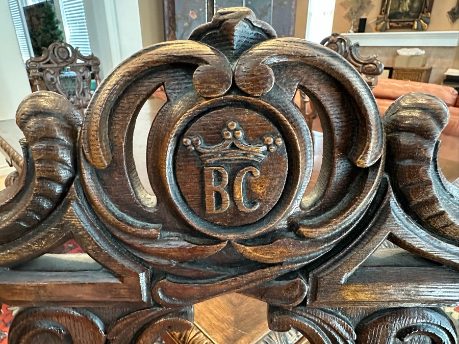 Antique Hand Carved Wooden Dining Table 43W X 75L X 31H With Built In Leaves 27.5L Each And Six Carved Chairs Bearing BC Monogram (One Of The Chairs Has Missing Piece In Need Of Minor Repair)  [Photo 22]