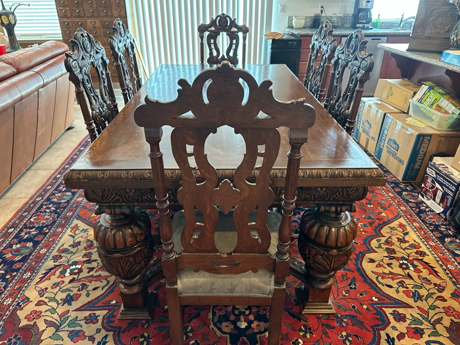 Antique Hand Carved Wooden Dining Table 43W X 75L X 31H With Built In Leaves 27.5L Each And Six Carved Chairs Bearing BC Monogram (One Of The Chairs Has Missing Piece In Need Of Minor Repair)  [Photo 6]