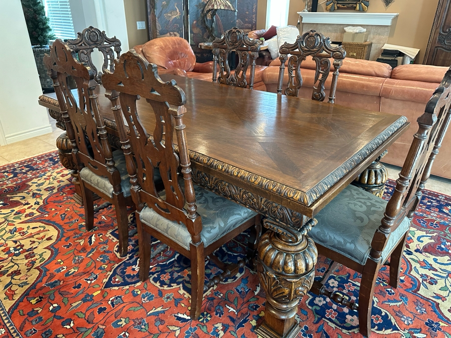 Antique Hand Carved Wooden Dining Table 43W X 75L X 31H With Built In Leaves 27.5L Each And Six Carved Chairs Bearing BC Monogram (One Of The Chairs Has Missing Piece In Need Of Minor Repair)  [Photo 4]