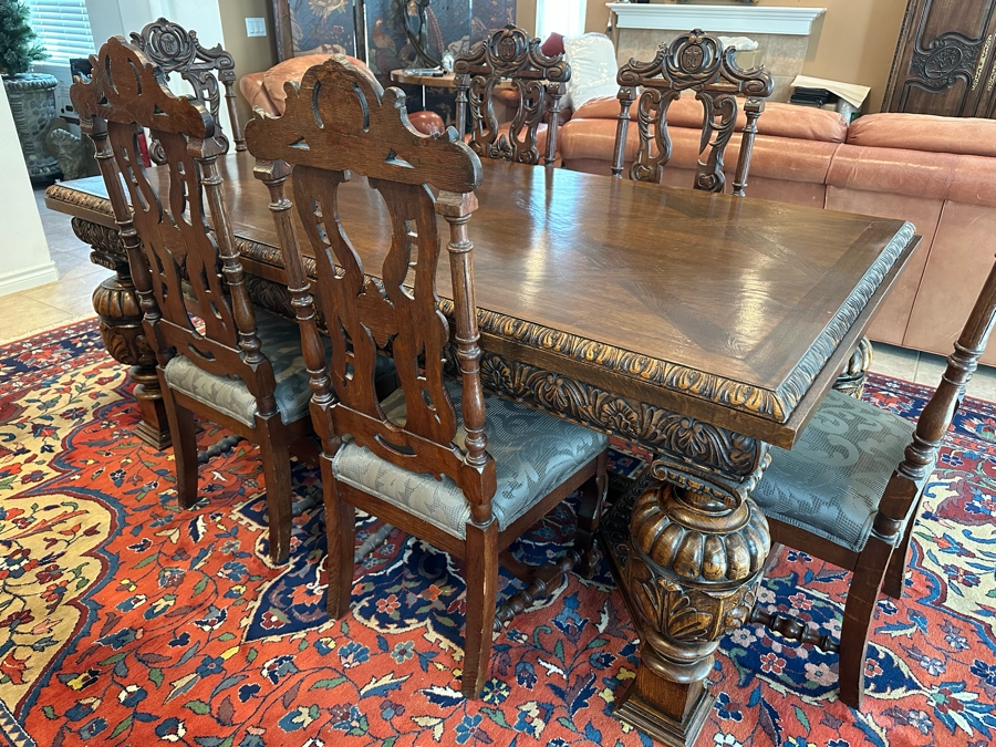 Antique Hand Carved Wooden Dining Table 43W X 75L X 31H With Built In Leaves 27.5L Each And Six Carved Chairs Bearing BC Monogram (One Of The Chairs Has Missing Piece In Need Of Minor Repair) 