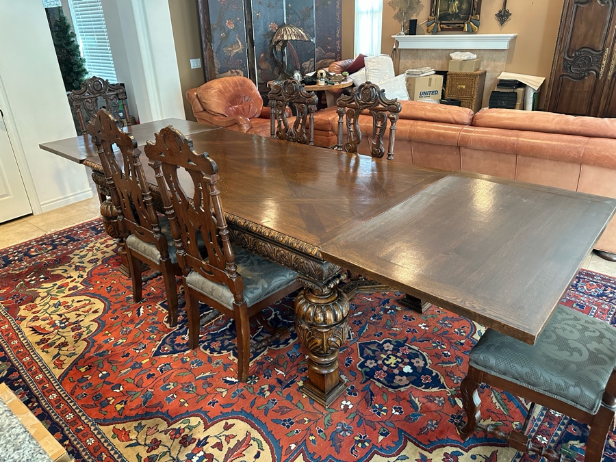 Antique Hand Carved Wooden Dining Table 43W X 75L X 31H With Built In Leaves 27.5L Each And Six Carved Chairs Bearing BC Monogram (One Of The Chairs Has Missing Piece In Need Of Minor Repair)  [Photo 11]