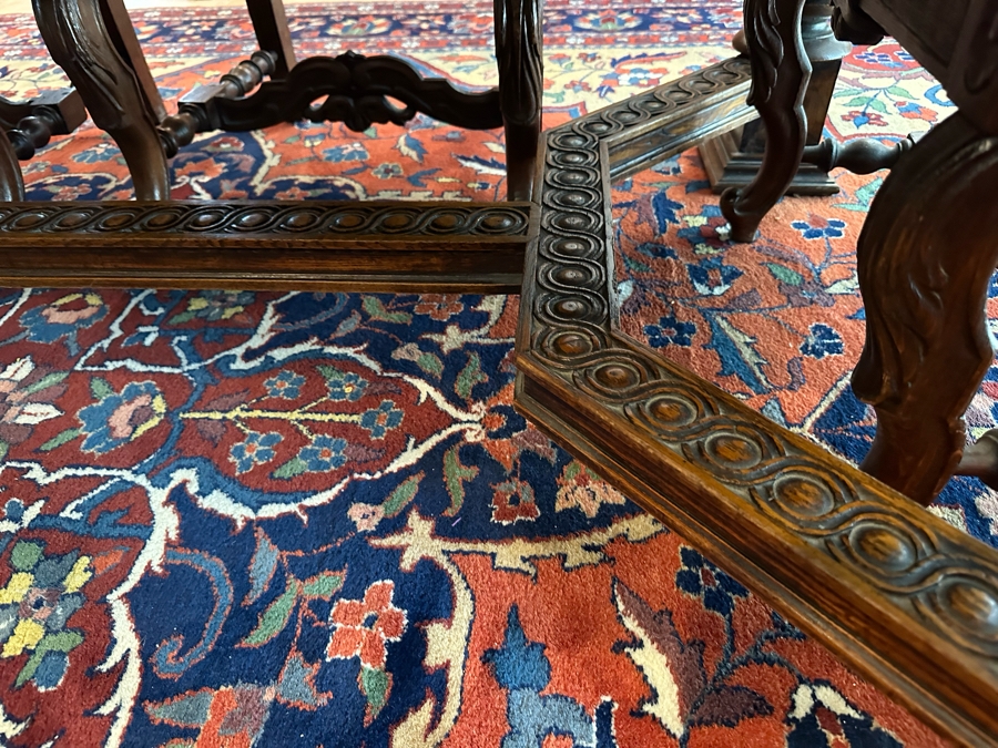 Antique Hand Carved Wooden Dining Table 43W X 75L X 31H With Built In Leaves 27.5L Each And Six Carved Chairs Bearing BC Monogram (One Of The Chairs Has Missing Piece In Need Of Minor Repair)  [Photo 18]