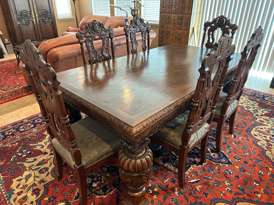 Antique Hand Carved Wooden Dining Table 43W X 75L X 31H With Built In Leaves 27.5L Each And Six Carved Chairs Bearing BC Monogram (One Of The Chairs Has Missing Piece In Need Of Minor Repair)  [Photo 8]