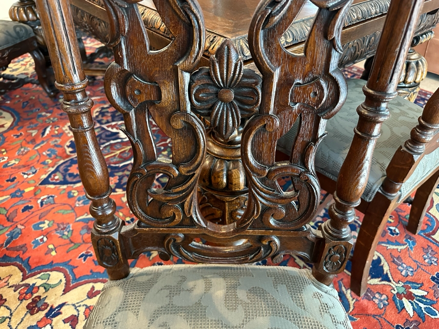 Antique Hand Carved Wooden Dining Table 43W X 75L X 31H With Built In Leaves 27.5L Each And Six Carved Chairs Bearing BC Monogram (One Of The Chairs Has Missing Piece In Need Of Minor Repair)  [Photo 23]