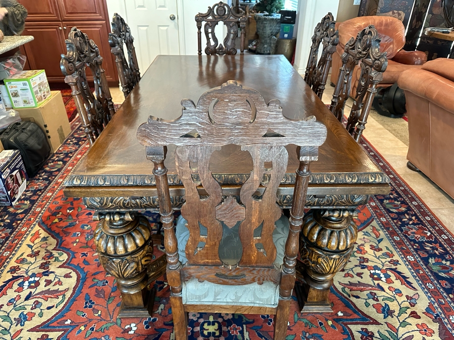 Antique Hand Carved Wooden Dining Table 43W X 75L X 31H With Built In Leaves 27.5L Each And Six Carved Chairs Bearing BC Monogram (One Of The Chairs Has Missing Piece In Need Of Minor Repair)  [Photo 5]