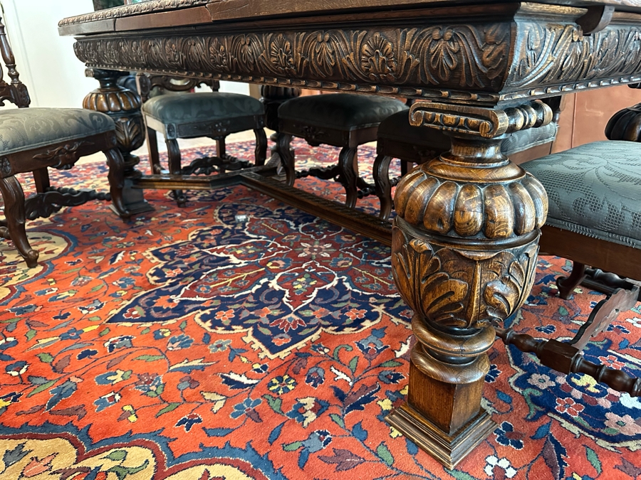 Antique Hand Carved Wooden Dining Table 43W X 75L X 31H With Built In Leaves 27.5L Each And Six Carved Chairs Bearing BC Monogram (One Of The Chairs Has Missing Piece In Need Of Minor Repair)  [Photo 24]