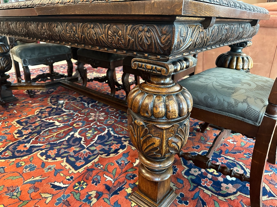 Antique Hand Carved Wooden Dining Table 43W X 75L X 31H With Built In Leaves 27.5L Each And Six Carved Chairs Bearing BC Monogram (One Of The Chairs Has Missing Piece In Need Of Minor Repair)  [Photo 20]