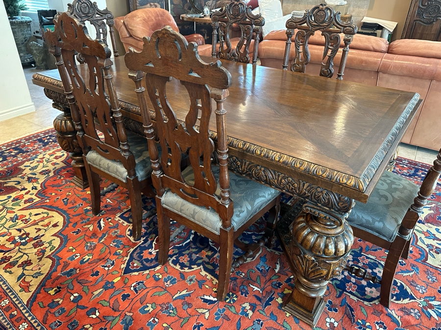 Antique Hand Carved Wooden Dining Table 43W X 75L X 31H With Built In Leaves 27.5L Each And Six Carved Chairs Bearing BC Monogram (One Of The Chairs Has Missing Piece In Need Of Minor Repair)  [Photo 3]