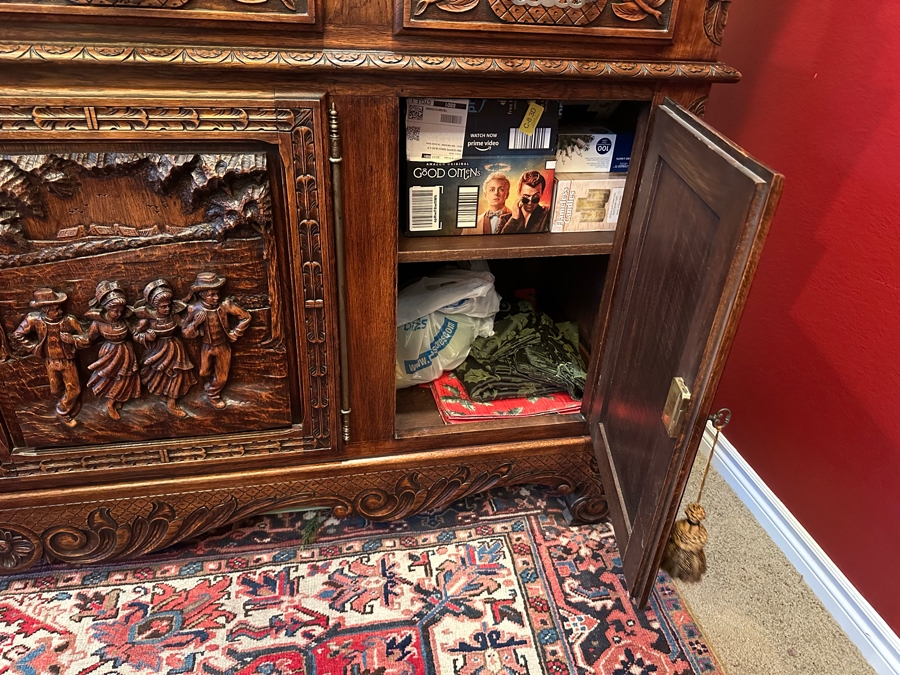 Stunning Antique Hand Relief Carved French Brittany Breton Back Bar Cabinet 2-Piece Cupboard Buffet Depicting Scenes From Apple Harvest To Apple Pressing To Celebration Heirloom Piece [Photo 18]