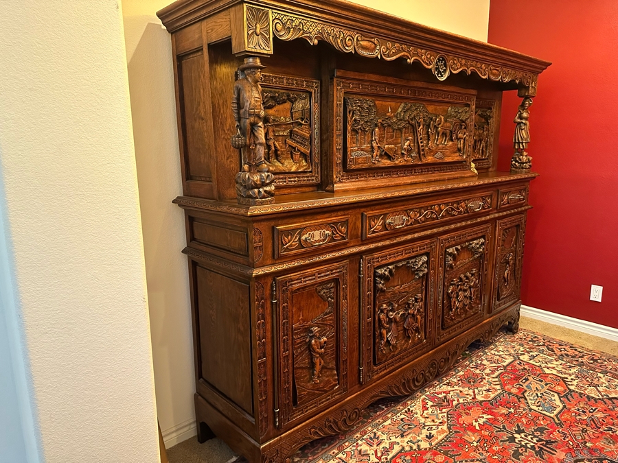 Stunning Antique Hand Relief Carved French Brittany Breton Back Bar Cabinet 2-Piece Cupboard Buffet Depicting Scenes From Apple Harvest To Apple Pressing To Celebration Heirloom Piece [Photo 26]