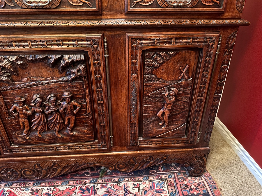 Stunning Antique Hand Relief Carved French Brittany Breton Back Bar Cabinet 2-Piece Cupboard Buffet Depicting Scenes From Apple Harvest To Apple Pressing To Celebration Heirloom Piece [Photo 5]