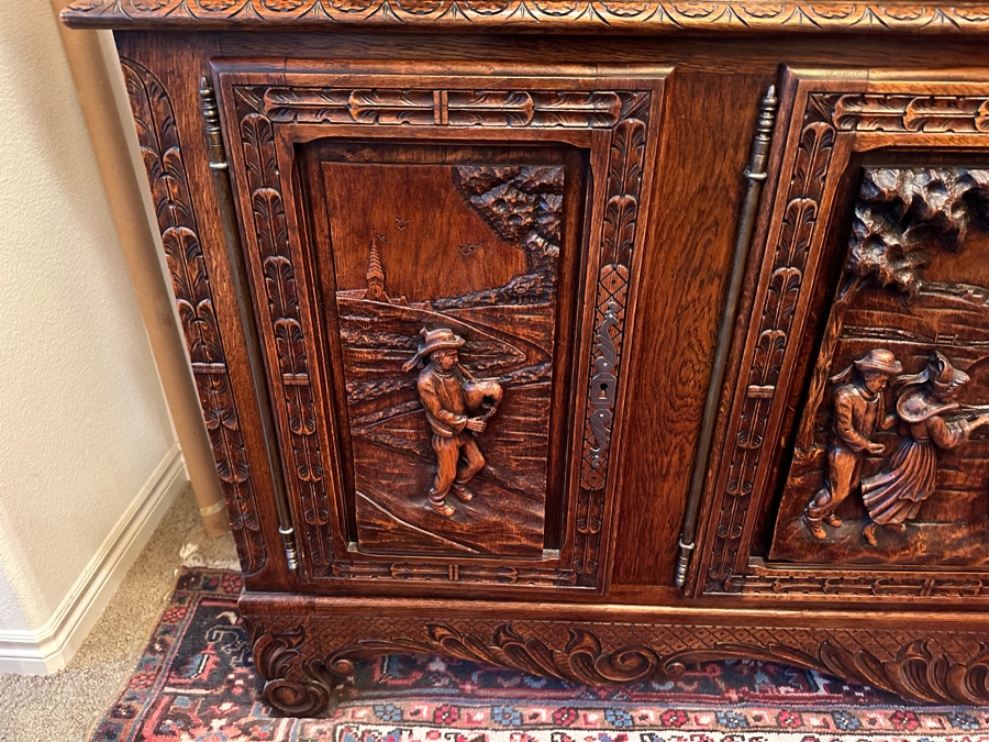 Stunning Antique Hand Relief Carved French Brittany Breton Back Bar Cabinet 2-Piece Cupboard Buffet Depicting Scenes From Apple Harvest To Apple Pressing To Celebration Heirloom Piece [Photo 4]