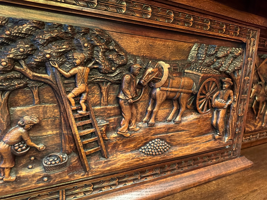 Stunning Antique Hand Relief Carved French Brittany Breton Back Bar Cabinet 2-Piece Cupboard Buffet Depicting Scenes From Apple Harvest To Apple Pressing To Celebration Heirloom Piece [Photo 8]
