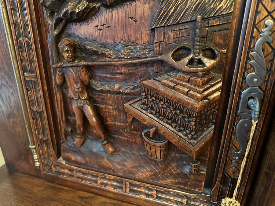 Stunning Antique Hand Relief Carved French Brittany Breton Back Bar Cabinet 2-Piece Cupboard Buffet Depicting Scenes From Apple Harvest To Apple Pressing To Celebration Heirloom Piece [Photo 14]