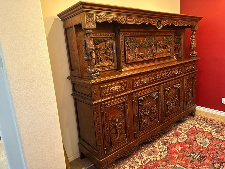 Stunning Antique Hand Relief Carved French Brittany Breton Back Bar Cabinet 2-Piece Cupboard Buffet Depicting Scenes From Apple Harvest To Apple Pressing To Celebration Heirloom Piece [Photo 25]