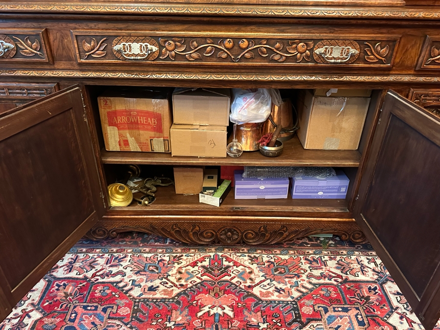 Stunning Antique Hand Relief Carved French Brittany Breton Back Bar Cabinet 2-Piece Cupboard Buffet Depicting Scenes From Apple Harvest To Apple Pressing To Celebration Heirloom Piece [Photo 17]