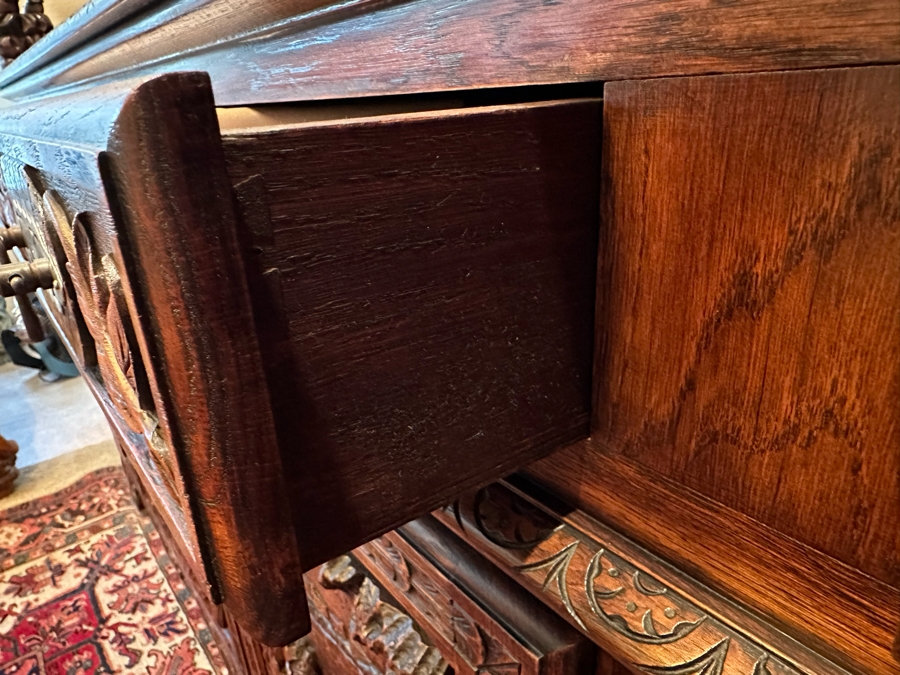 Stunning Antique Hand Relief Carved French Brittany Breton Back Bar Cabinet 2-Piece Cupboard Buffet Depicting Scenes From Apple Harvest To Apple Pressing To Celebration Heirloom Piece [Photo 16]