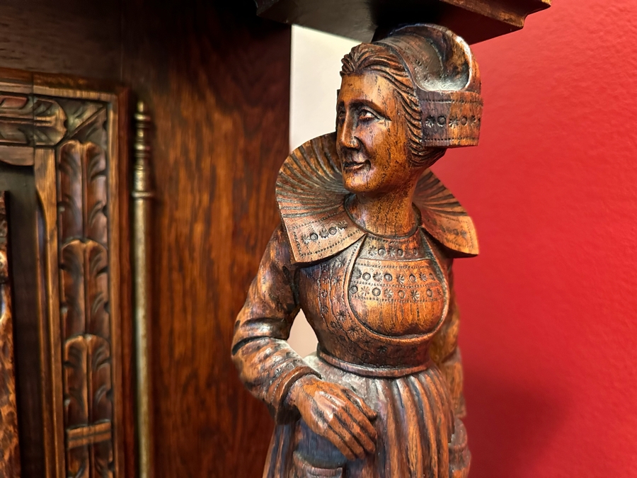 Stunning Antique Hand Relief Carved French Brittany Breton Back Bar Cabinet 2-Piece Cupboard Buffet Depicting Scenes From Apple Harvest To Apple Pressing To Celebration Heirloom Piece [Photo 20]