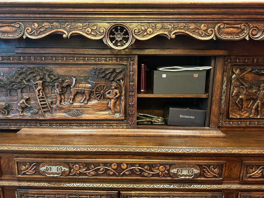 Stunning Antique Hand Relief Carved French Brittany Breton Back Bar Cabinet 2-Piece Cupboard Buffet Depicting Scenes From Apple Harvest To Apple Pressing To Celebration Heirloom Piece [Photo 9]