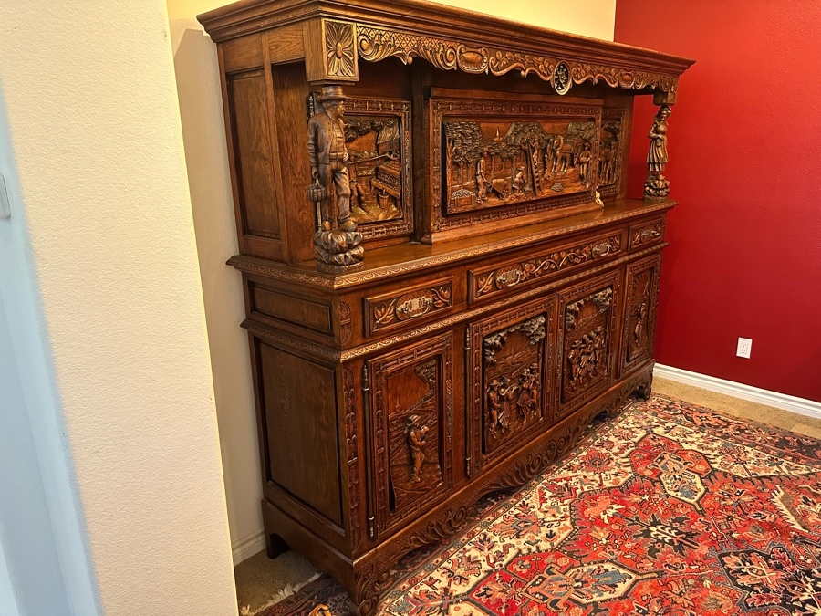 Stunning Antique Hand Relief Carved French Brittany Breton Back Bar Cabinet 2-Piece Cupboard Buffet Depicting Scenes From Apple Harvest To Apple Pressing To Celebration Heirloom Piece [Photo 24]