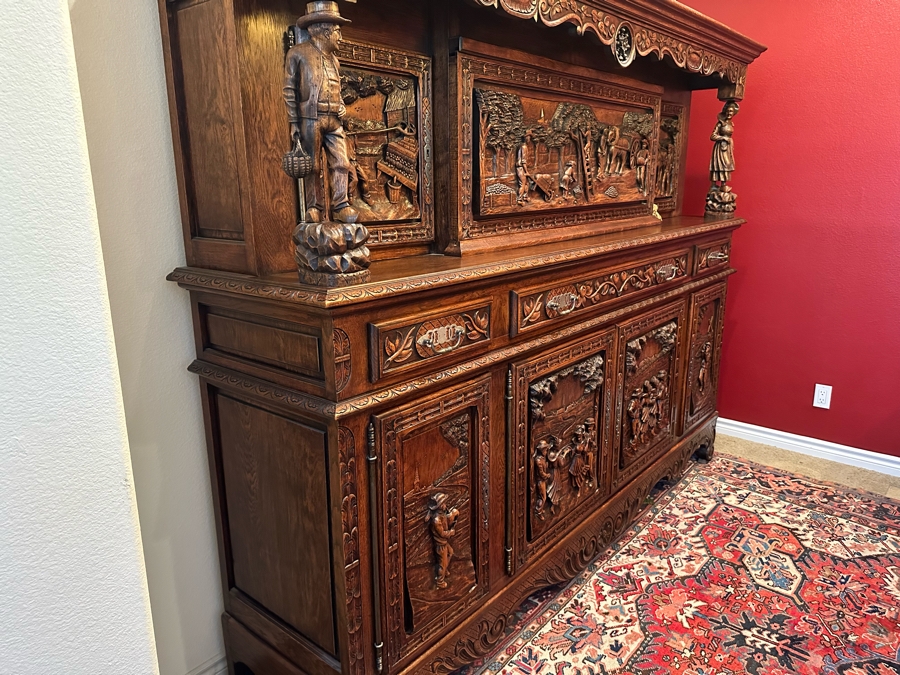 Stunning Antique Hand Relief Carved French Brittany Breton Back Bar Cabinet 2-Piece Cupboard Buffet Depicting Scenes From Apple Harvest To Apple Pressing To Celebration Heirloom Piece [Photo 23]