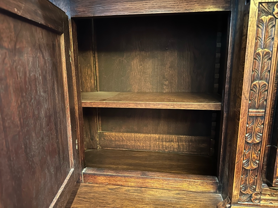 Stunning Antique Hand Relief Carved French Brittany Breton Back Bar Cabinet 2-Piece Cupboard Buffet Depicting Scenes From Apple Harvest To Apple Pressing To Celebration Heirloom Piece [Photo 13]