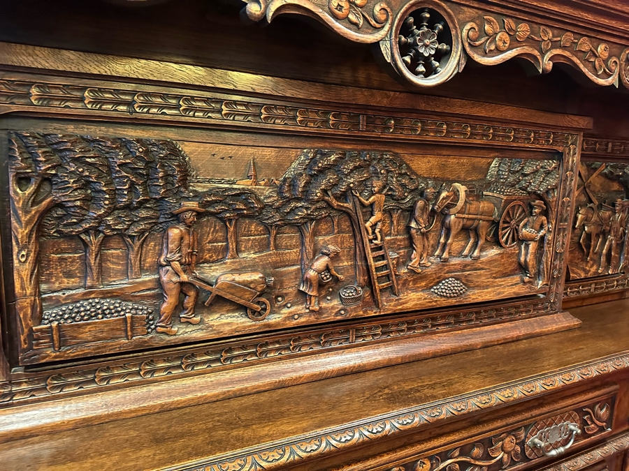 Stunning Antique Hand Relief Carved French Brittany Breton Back Bar Cabinet 2-Piece Cupboard Buffet Depicting Scenes From Apple Harvest To Apple Pressing To Celebration Heirloom Piece [Photo 6]